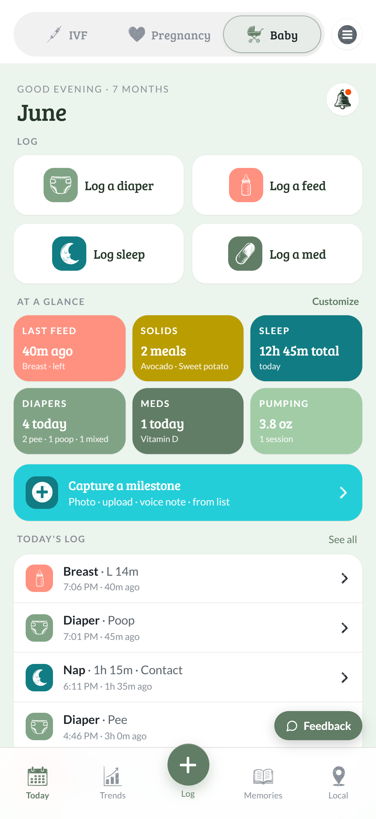 The Fledgling app's baby home screen